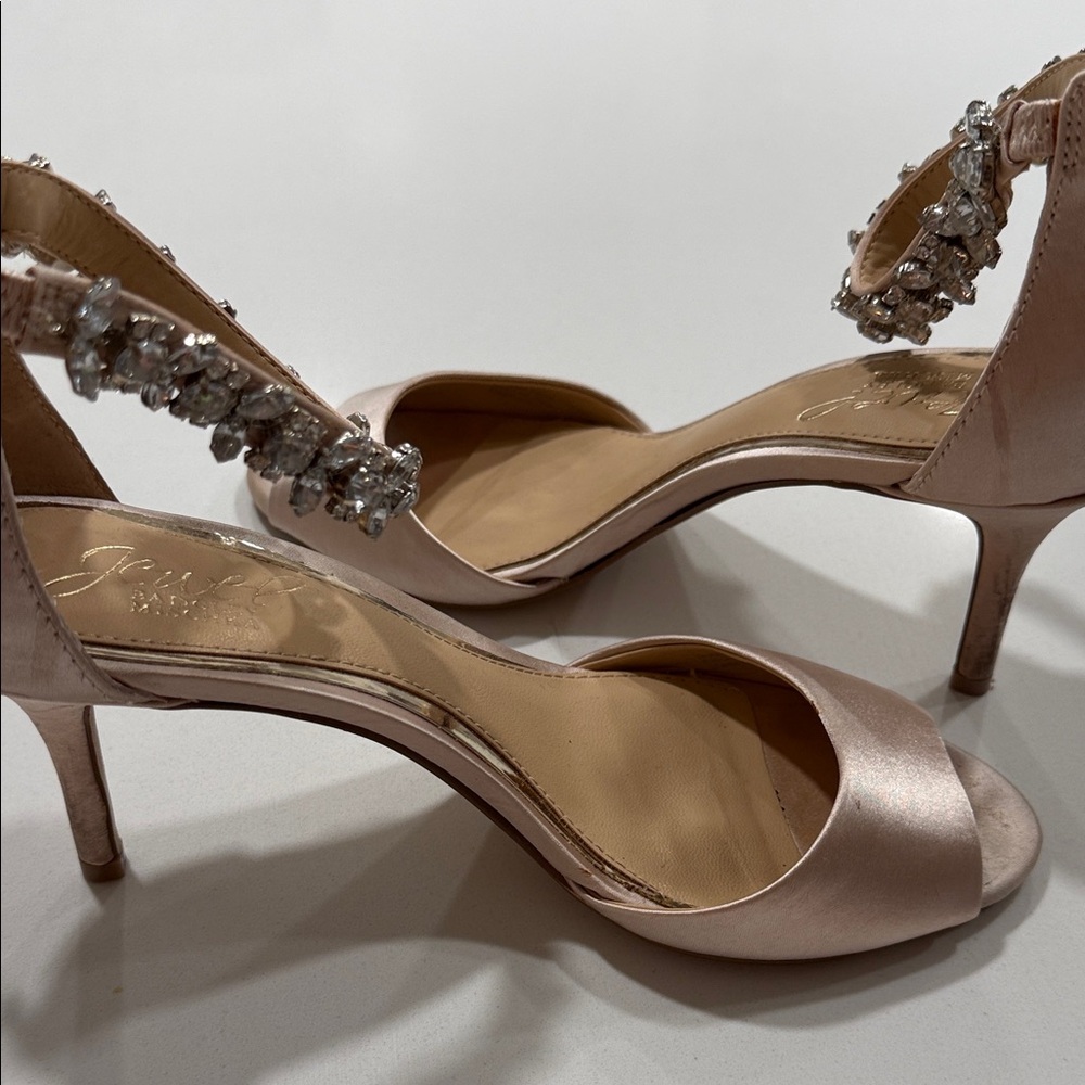 Jewel Badgley Mischka Blush Satin Heels with Sparkling Accents